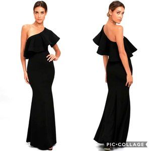 Lulu's So Amazed Maxi Dress Black One-Shoulder Ruffle Fitted Mermaid Size L
